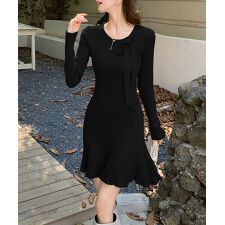 プリーツ裾 長袖リブニットワンピース上品