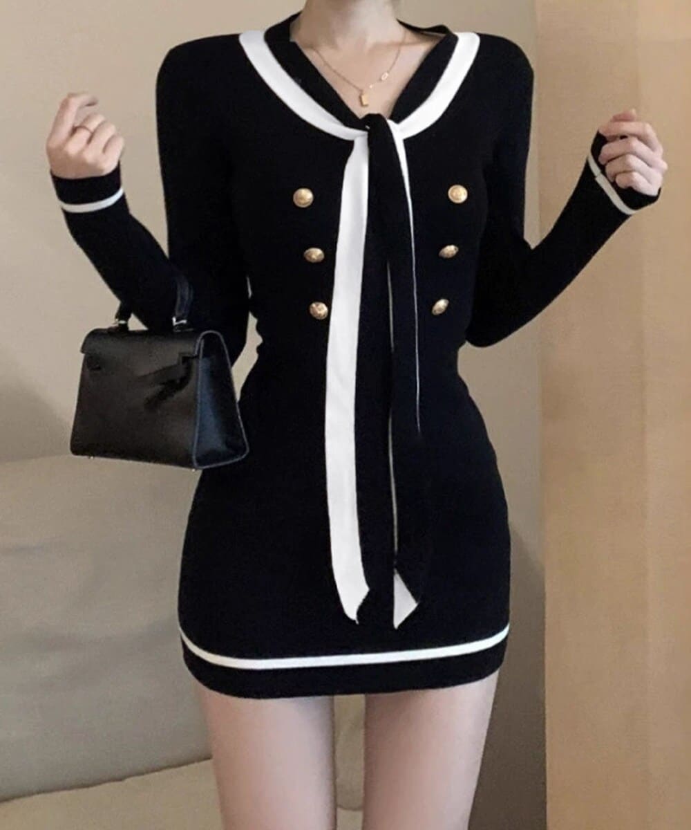 リボンタイミニワンピース配色ニットドレス