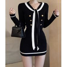 リボンタイミニワンピース配色ニットドレス