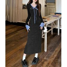 配色リボンニットマーメイドワンピース長袖