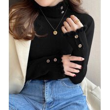 裏起毛 ハイネックニットトップスフリル襟