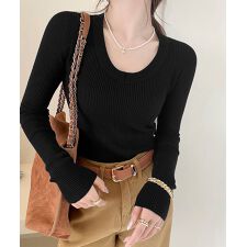 裏起毛ニットトップス Vネックリブニット