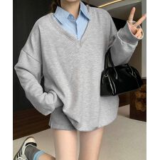 シャツ襟切り替えスウェットレディース長袖