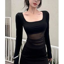 チュール切り替え 長袖Tシャツレディース