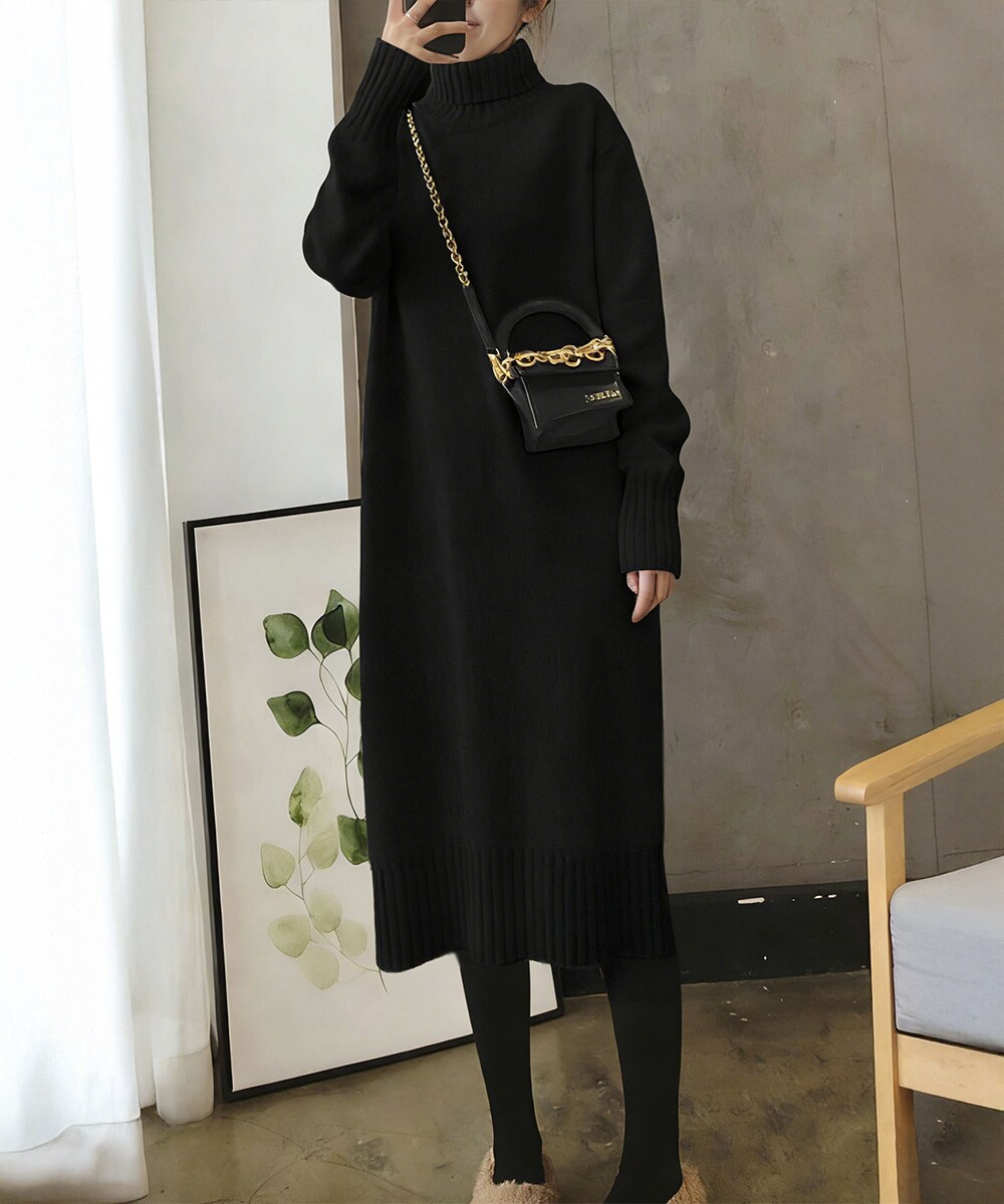 ハイネックニットワンピースゆったり秋冬服