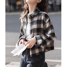 チェックシャツ ショート丈 長袖トップス