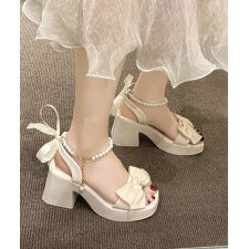 リボン厚底サンダル パールストラップ美脚