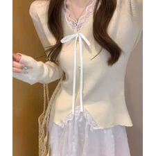 リボンニットトップスレース切り替え 長袖