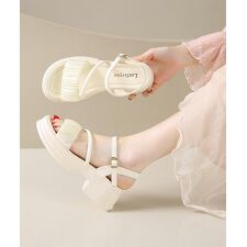 厚底サンダル 太ヒールフリルサンダル美脚