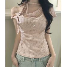ドット柄tシャツオフショルダートップス夏