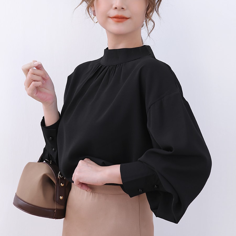 韓国ファッション ボウタイ スタンドカラー 長袖シャツ 綺麗め トップス】韓国系上品デザイン ストライプ柄ボウタイシャツ 長袖