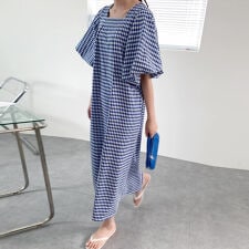 ギンガムチェックワンピース ロング丈 バブルスリーブ