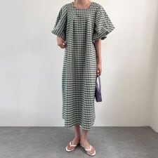 ギンガムチェックワンピース ロング丈 バブルスリーブ