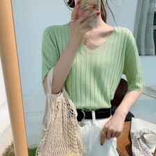 Vネックリブニット Tニット サマーニット ニットトップス