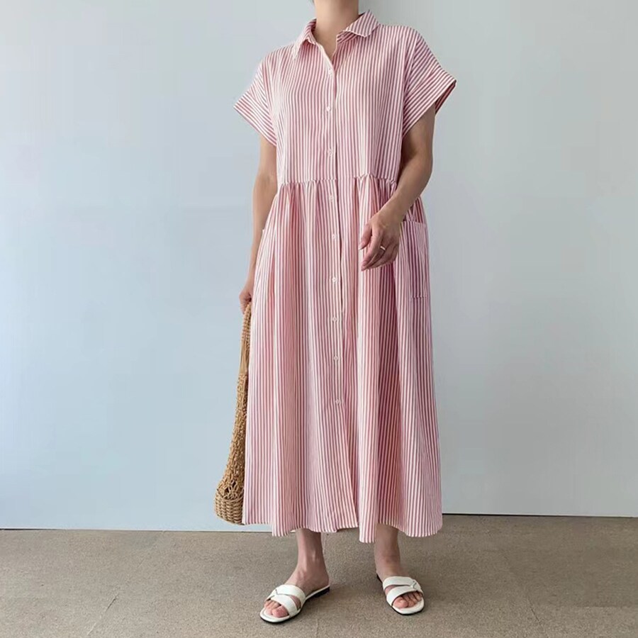 ピンク シャツワンピース 半袖 ロング