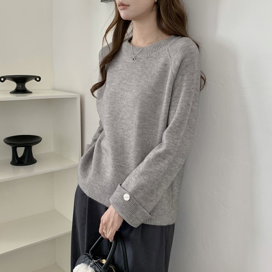 袖ボタン付き トップス ボリューム袖 ニット 長袖 ラウンドネック