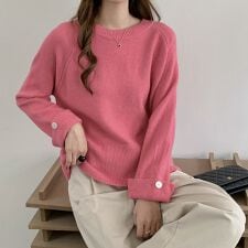 袖ボタン付き トップス ボリューム袖 ニット 長袖 ラウンドネック