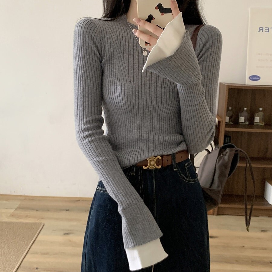 袖レイヤード トップス フレアスリーブ ニット リブニット 長袖