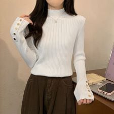 袖ボタン付き トップス リブニット 長袖