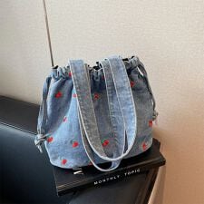 チェリー柄 巾着風デニムバッグ