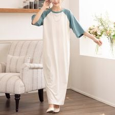 バイカラーバックプリントロングワンピースTシャツ