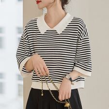 ボーダー柄7分袖丸襟カットソー