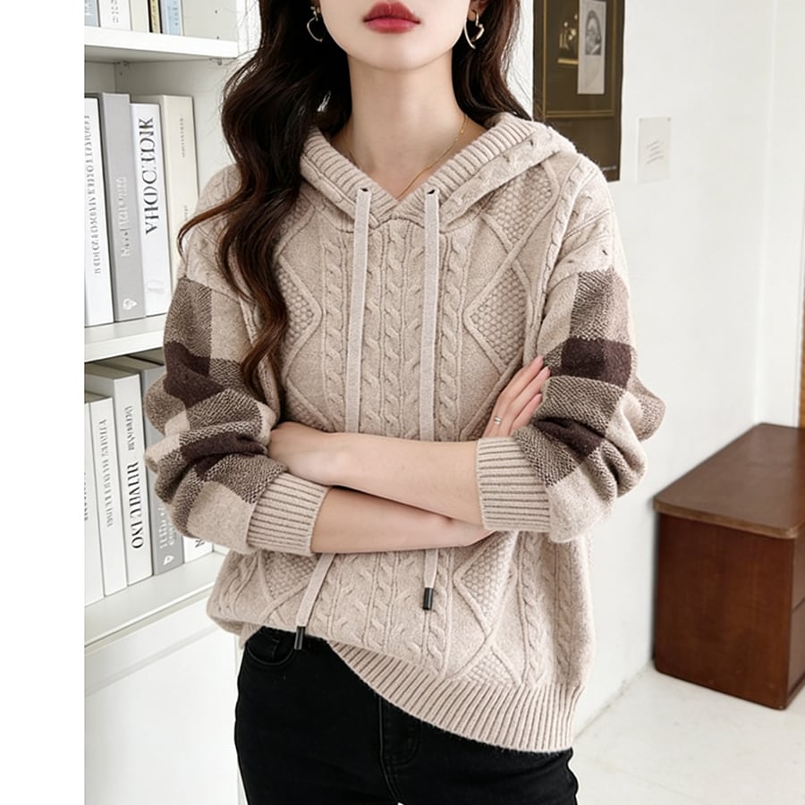 ケーブル編みボーダー袖フード付きニットトップス | ドゥーベル(Doux