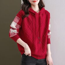 ドゥーベル(Doux Belle)のケーブル編みボーダー袖フード付きニットトップス