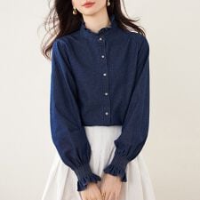 フリル襟デニムブラウス