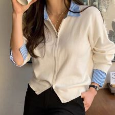 レイヤード風ジップニットストライプシャツ