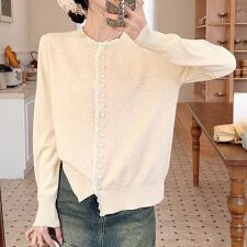 パール風ボタン配色トリム付きニットトップス