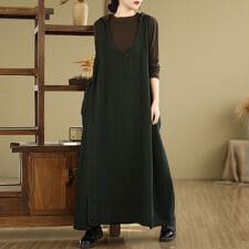 フード付き深Vネックデニム風ジャンパースカート