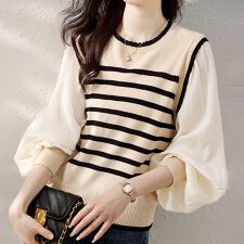 ボーダーニット×プリーツ袖ドッキングトップス