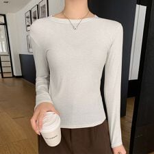 リブ編み×ラウンドネックニットトップス