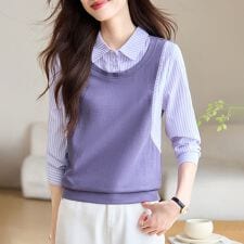 レイヤード風ストライプシャツ×ベストトップス