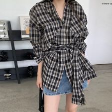 チェック柄×ウエストリボンシャツ