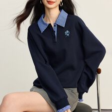 チェック襟×刺繍デザインプルオーバー