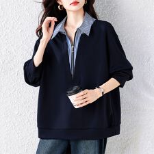 ストライプ柄シャツレイヤード風ジップ付きプルオーバー