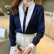 配色切替×スタンドカラーブラウス