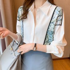 プリント切替×シャツブラウス