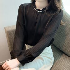 パール付きプリーツスリーブブラウス