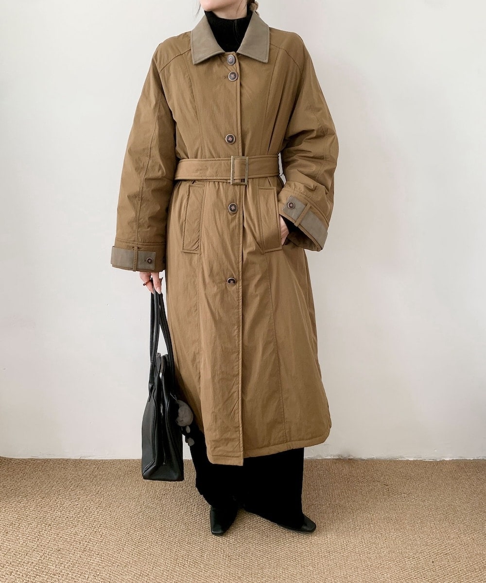 TAION:〈手洗い可能〉パイピング クルーネック ロング ダウン コート