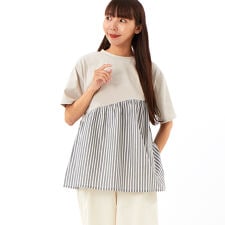 コットン天竺×布帛 柄アソート切替コンビ チュニック