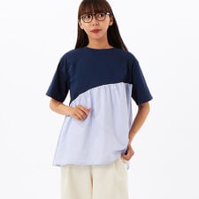 コットン天竺×布帛 柄アソート切替コンビ チュニック