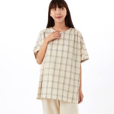 コットンサッカー ラインチェック ドルマン5分袖ブラウス