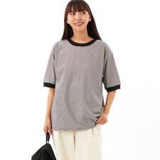 UV加工 USAコットン 無地・ボーダーアソート 襟ぐり・袖口リブ配色Tシャツ