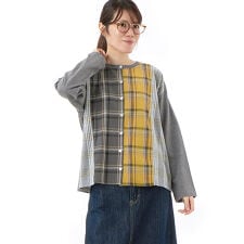 綿天竺＋チェック柄アソートパッチワーク切替カーディガン