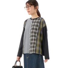 綿天竺＋チェック柄アソートパッチワーク切替カーディガン