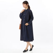 5.5OZ先染めツイル無地・インディゴデニム無地 ネックタックフリル前開きワンピース