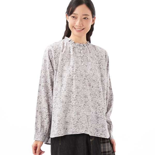 綿/レーヨン布帛ツイル花柄pt.フリルネックギャザー入り半開ブラウス
